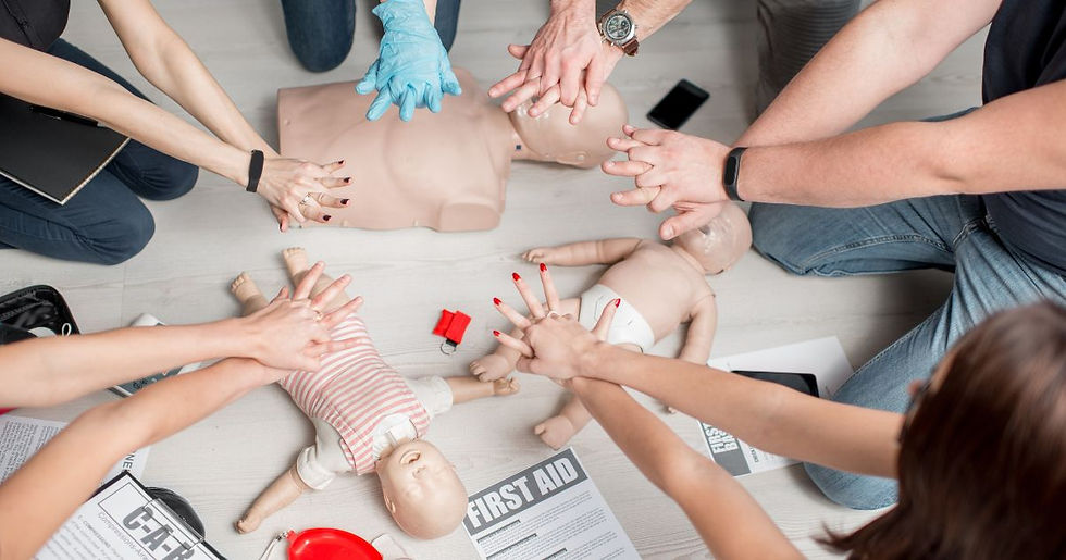 class practicing cpr hand positioning