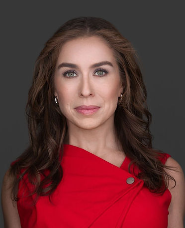 Elena Polansky Headshot in red dress
