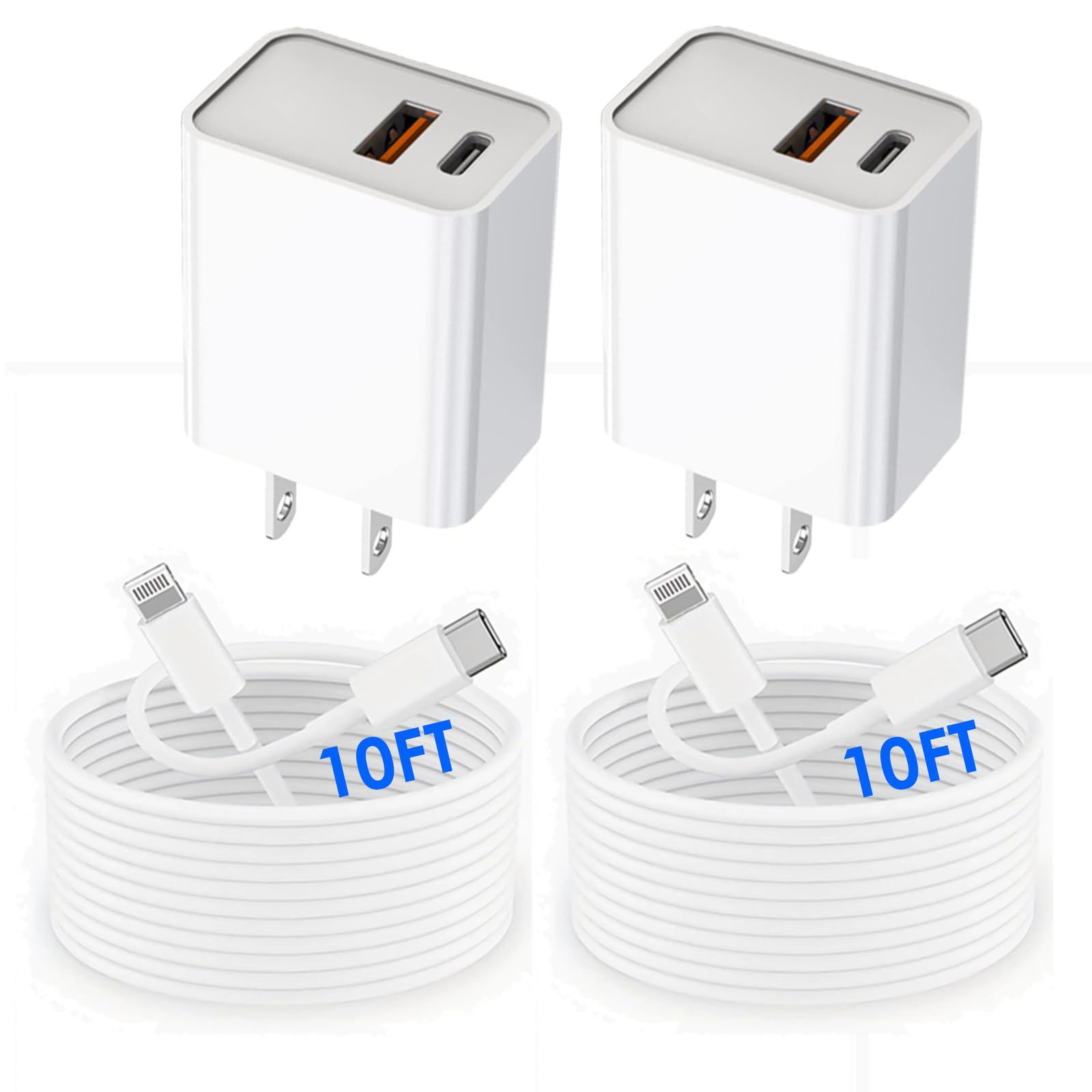 USB C Wall ChargerDual Port 10FT iPhone Charger 20W PD+QC3.0 Power Adapter Fast