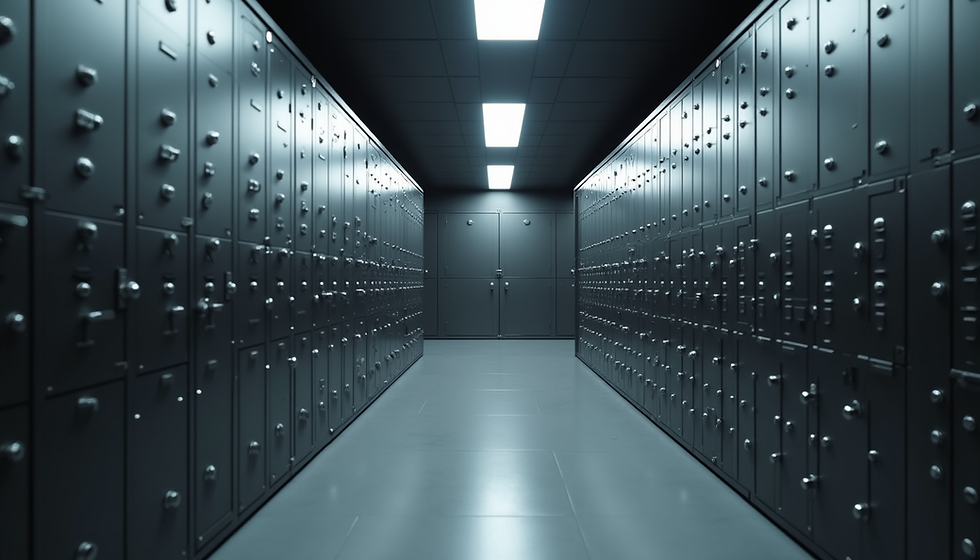 Inside of a vault with safe deposit boxes.