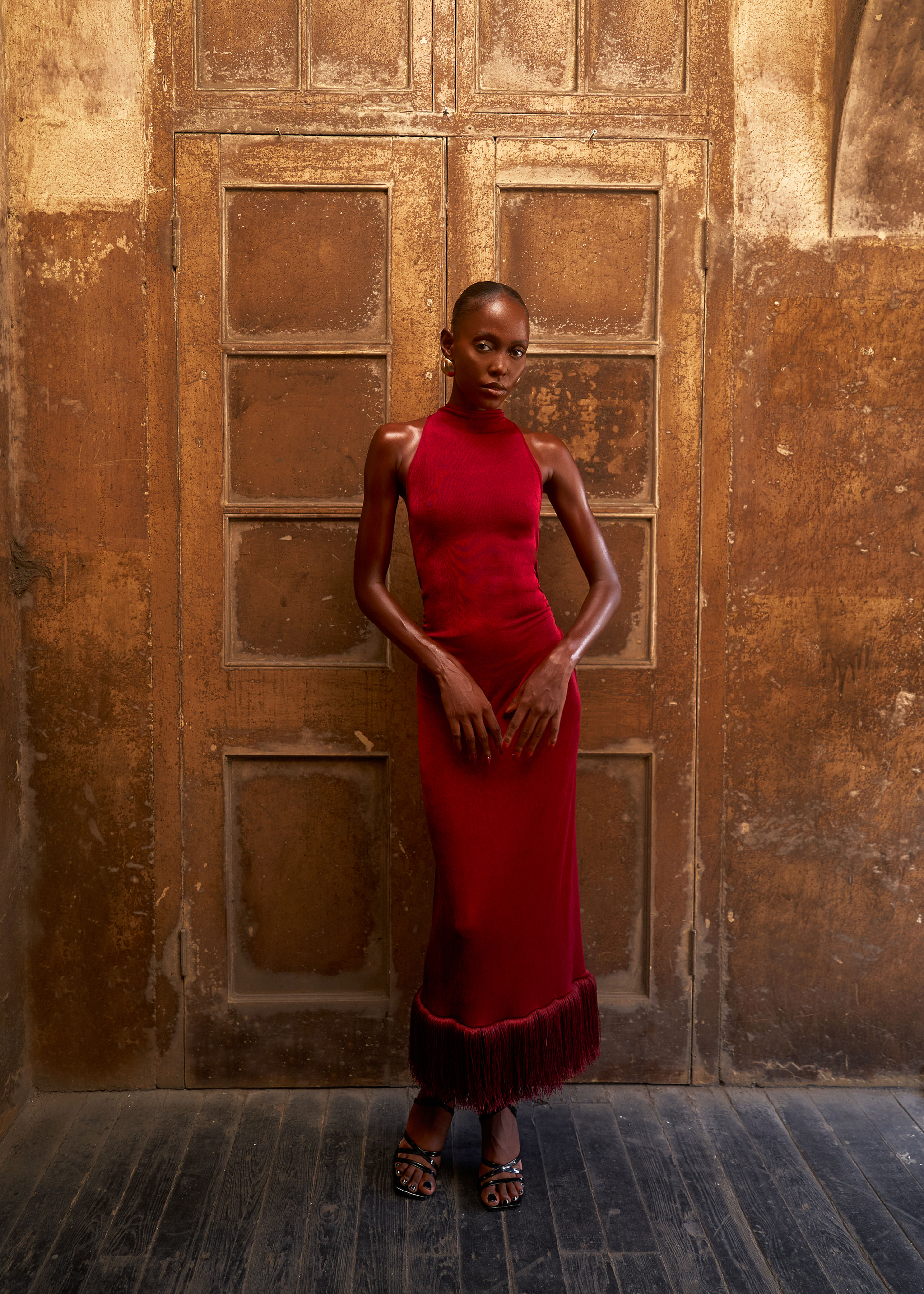 SPINE HALTER DRESS- Burgundy