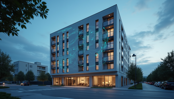 Eye-level view of a modern residential building with AI data overlays