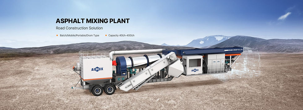 mobile asphalt drum mix plant banner for road and bridge industry.