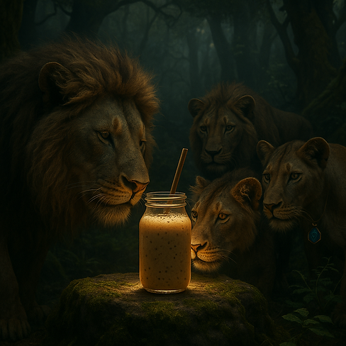 lions mane smoothie being sniffed by a group of lions