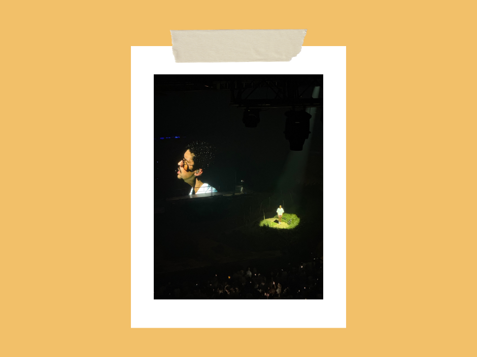 A person stands on a grassy stage under a spotlight, with their large image projected on a screen behind them. Dark background, dramatic mood.