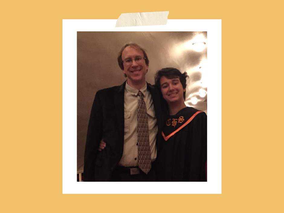 Two people smiling; one in a suit, the other in a graduation gown with "Class" text visible. Warm lighting and a celebratory mood.