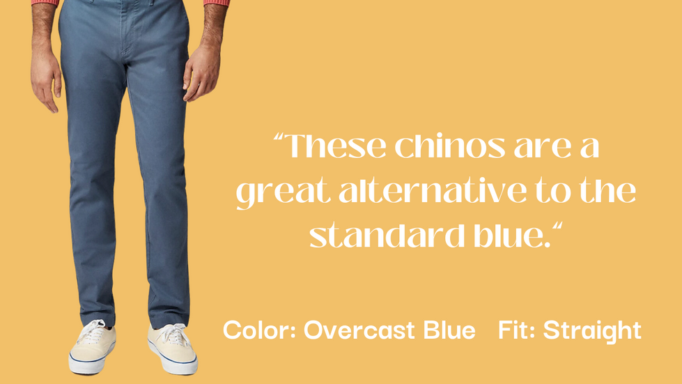 Person wearing overcast blue chinos, described as a great alternative to standard blue.
