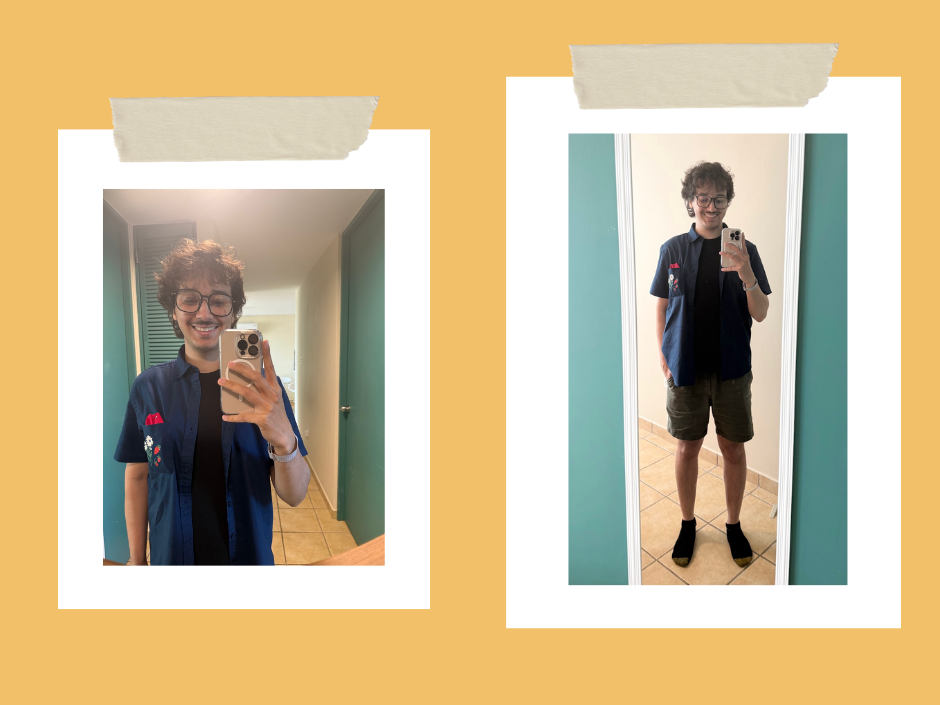 A person in glasses smiles in two mirror selfies. They're wearing a blue shirt with patches, black shirt underneath, and shorts. Warm, casual setting.