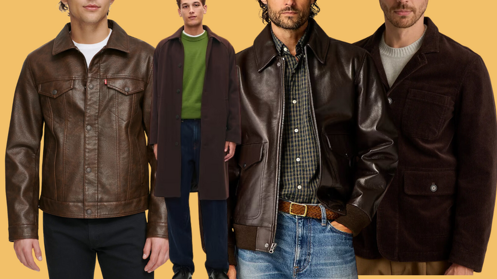 Five men wearing different styles of jackets and coats, with a solid yellow background. Text on the left side reads, "Stylish men's outerwear for cold weather." Background: light orange.