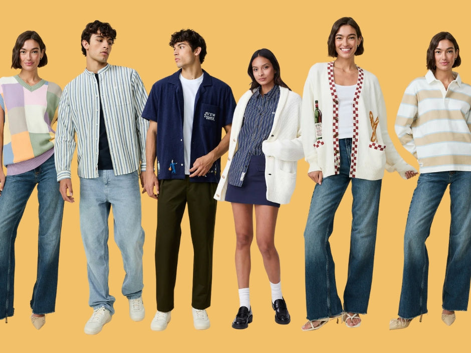 Six people in casual outfits against a yellow background, wearing jeans, cardigans, and striped shirts. Mood is relaxed and stylish.