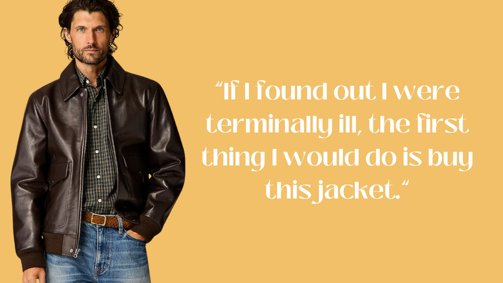 Person wearing a dark brown leather jacket over a green and black checkered shirt, with blue jeans and a brown belt. Text on the right side reads: "If I found out I were terminally ill, the first thing I would do is buy this jacket." Background: light orange.