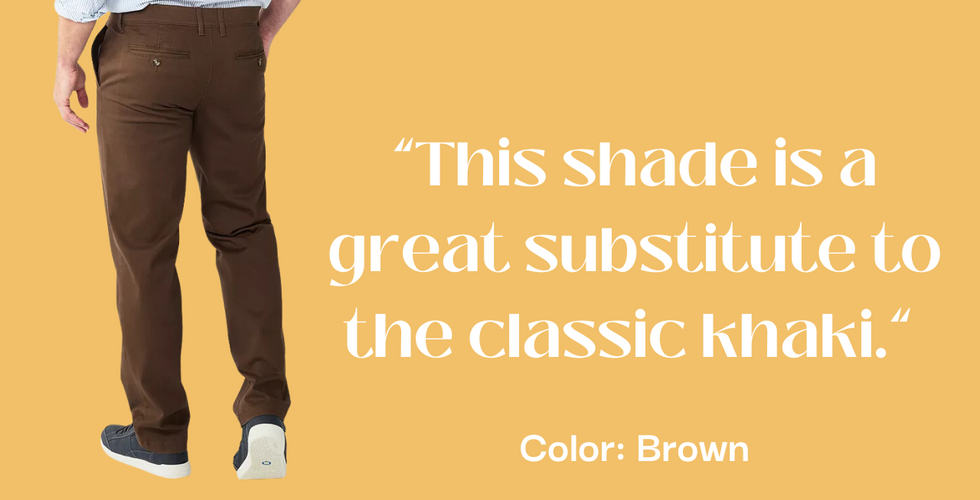 Person wearing brown pants, dark-colored shoes with white soles, and a light-colored shirt. Text: "This shade is a great substitute to the classic khaki." Below: "Color: Brown." Background: light orange.