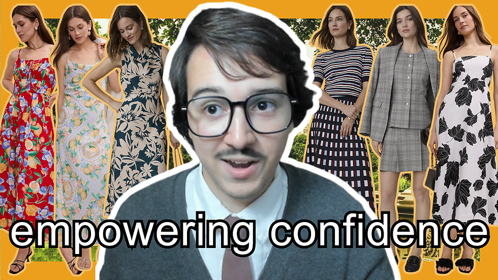 YouTube thumbnail featuring a person wearing glasses, a tie, and a gray cardigan in the center, surrounded by models wearing colorful floral dresses, striped separates, and tailored outfits from Ann Taylor's Summer 2026 collection. Large white text across the bottom reads, "empowering confidence." The thumbnail has an orange border.