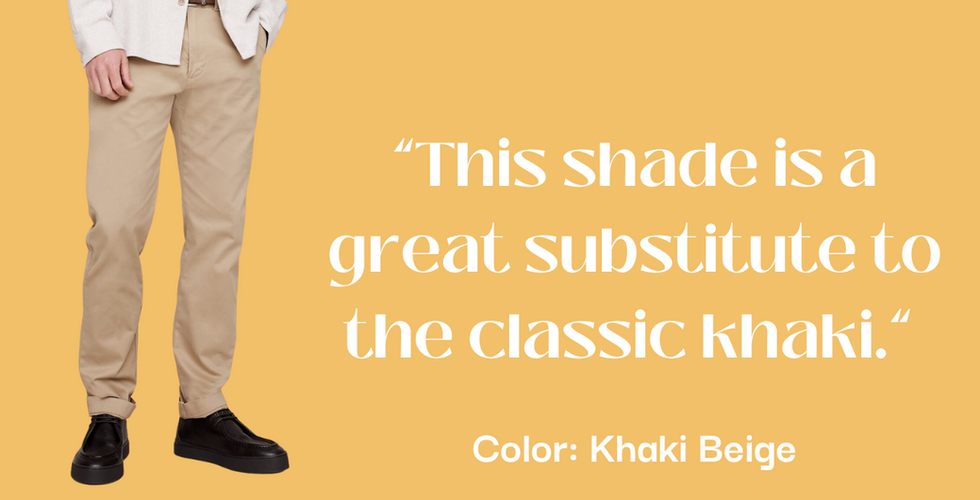 Person wearing khaki beige pants and black shoes with a light-colored jacket. Text: "This shade is a great substitute to the classic khaki." Below: "Color: Khaki Beige." Background: light orange.