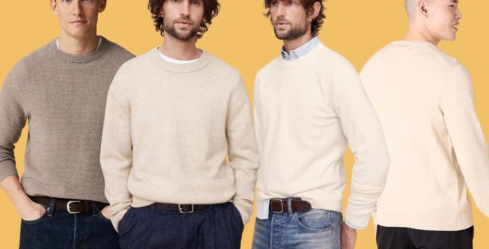 Four individuals wearing different sweaters in beige and cream shades, facing different directions. Background: light orange.
