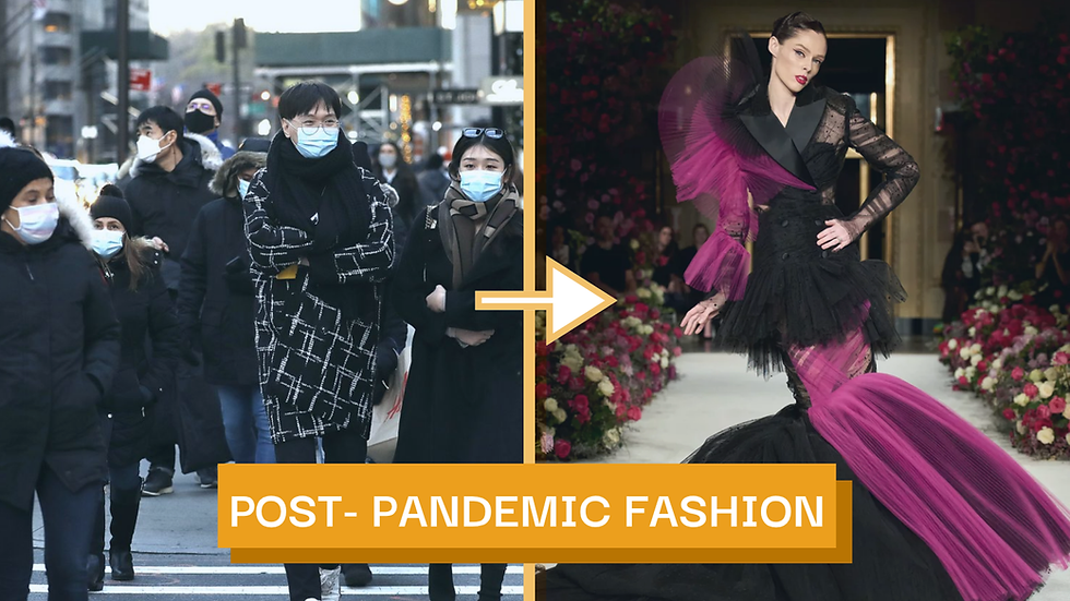 People in masks walking on a city street, contrasted with a fashion model in a black and magenta gown on a runway. Text: "POST-PANDEMIC FASHION".