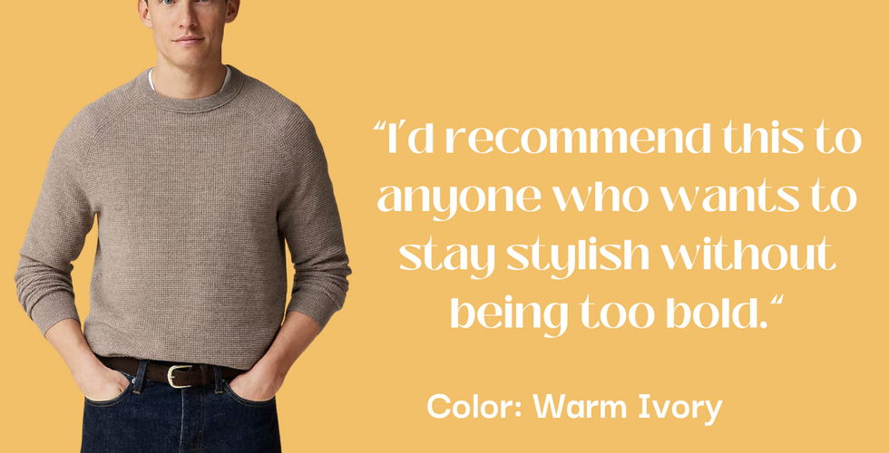 Person wearing an ivory-colored sweater and dark pants, with text: "I'd recommend this to anyone who wants to stay stylish without being too bold." Below it: "Color: Warm Ivory." Background: light orange.