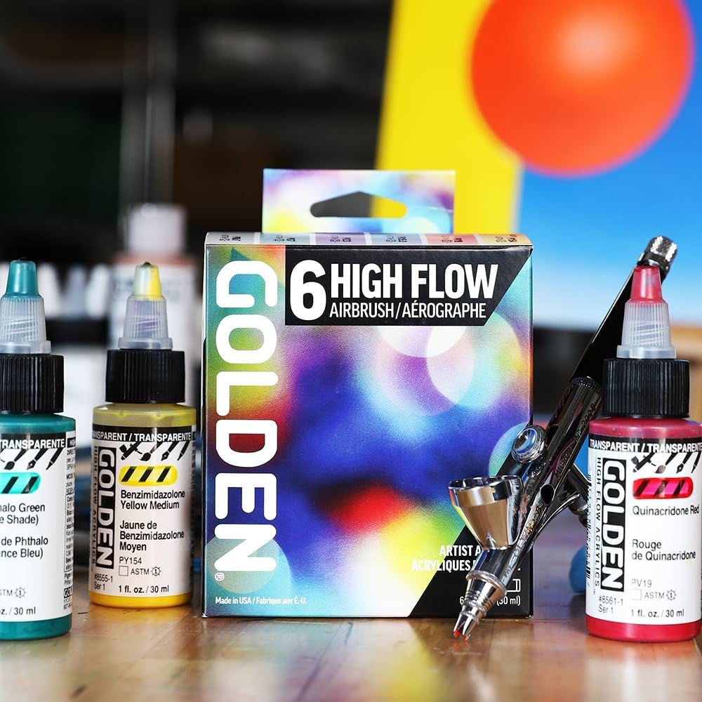 Golden High Flow Acrylic Paints | Transparent Airbrush Set | 6 x 30ml Bottles