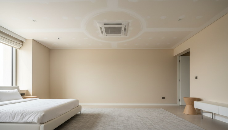 Wide-angle view of a repaired ceiling area beneath an AC vent in a Dubai bedroom