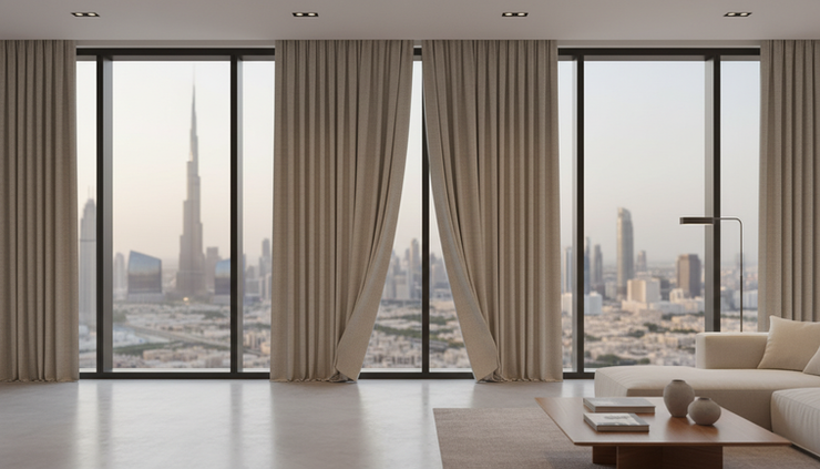 Eye-level view of motorized curtains closing beside large apartment windows in Dubai