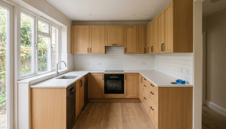 Wide-angle view of an empty newly finished kitchen with subtle uneven light on the cabinets