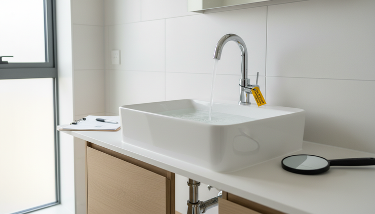Eye-level view of a bathroom sink with a slow drain test in a new home