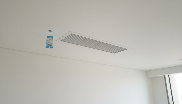 Eye-level view of an air conditioning vent in a new apartment ceiling with a small inspection tag beside it