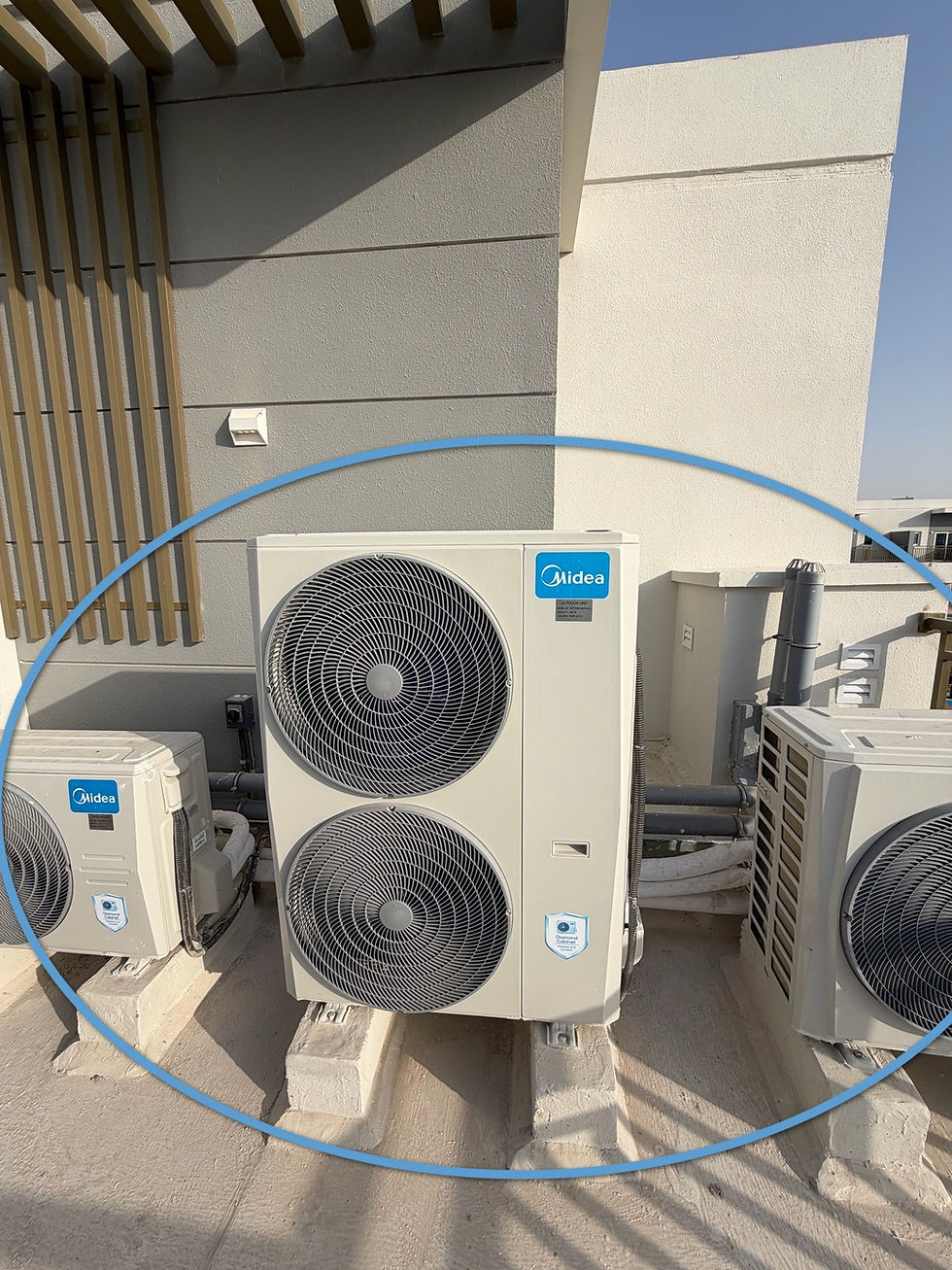 Eye-level view of a residential air conditioning unit installed on a Dubai apartment balcony