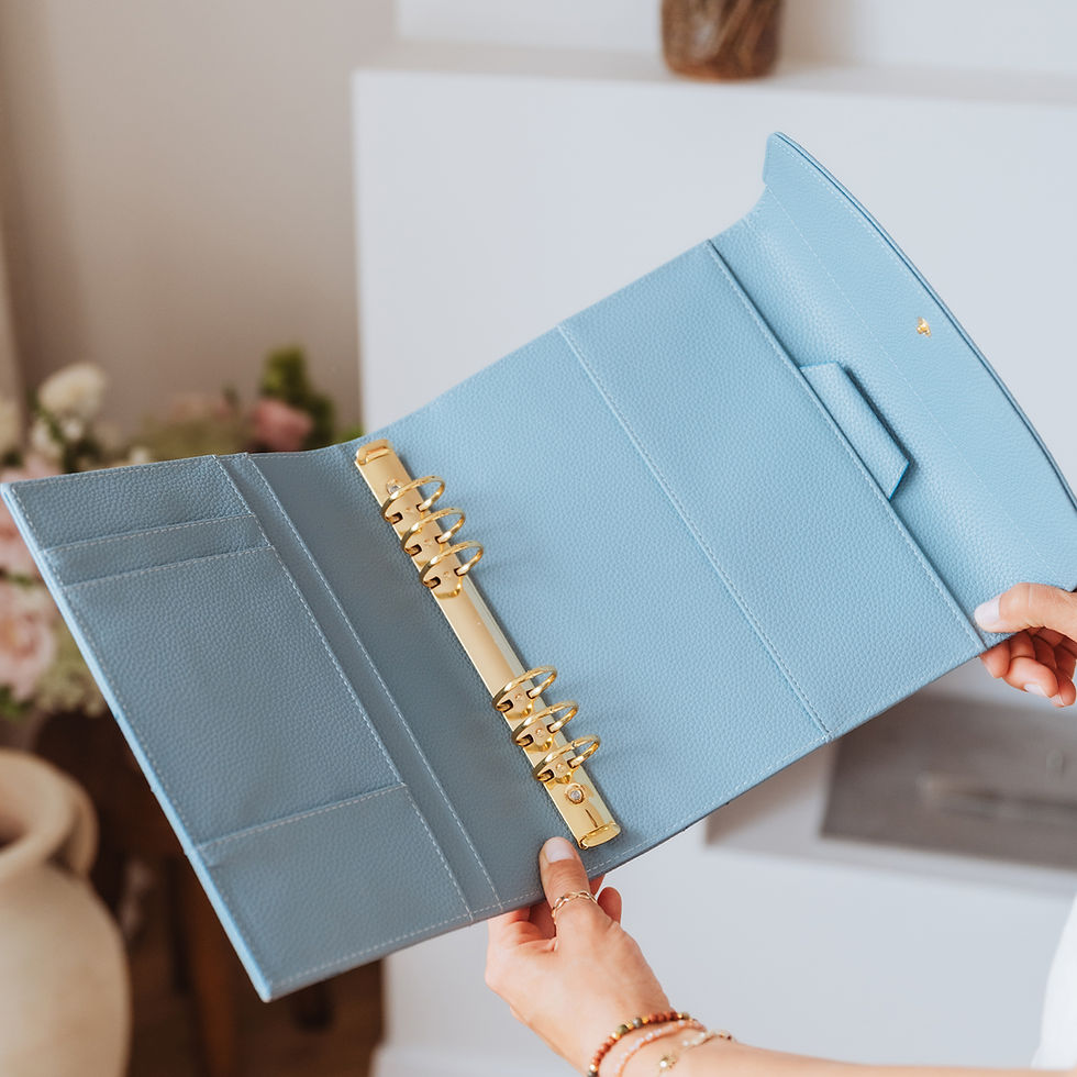 Thumbnail: Dusty blue A5 vegan leather planner binder with gold rings