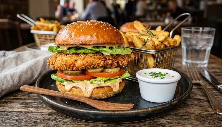 Eye-level view of a crispy chicken burger served with fries and dipping sauce.
