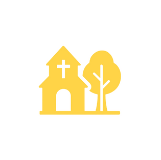 Church building icon with cross and tree, representing parking lot and property striping services for churches and places of