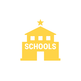 School building icon with a star and the word ‘Schools,’ representing campus and school zone striping services.