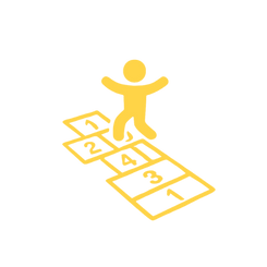 Child figure playing hopscotch on painted playground markings, representing recreational area striping services.