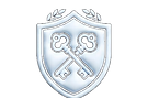 A white 3D security shield icon featuring two crossed keys, representing safety and trust.