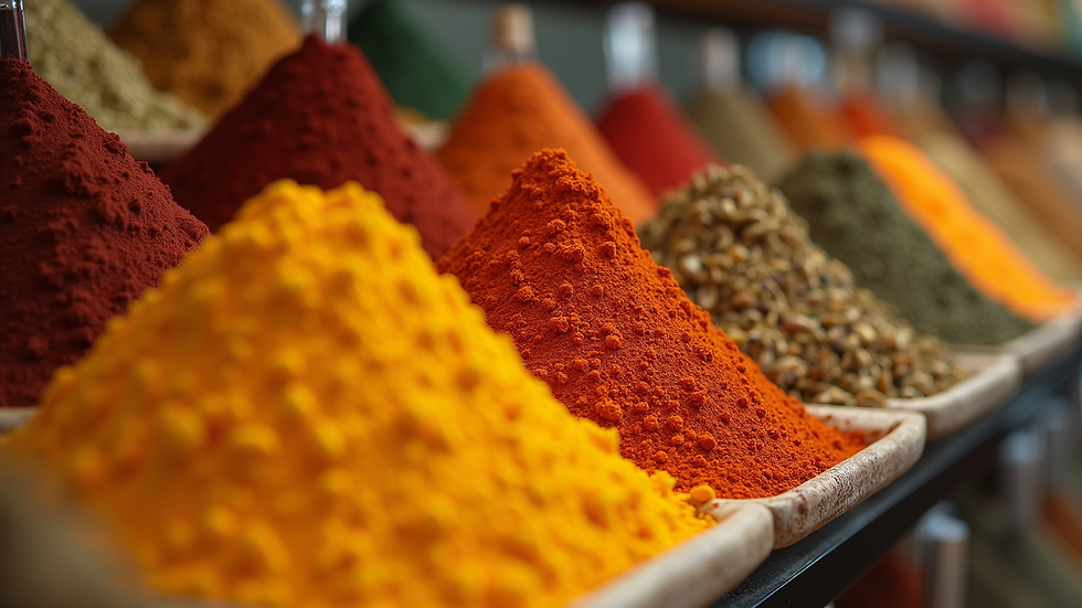 Close-up view of a colorful spice rack filled with exotic spices
