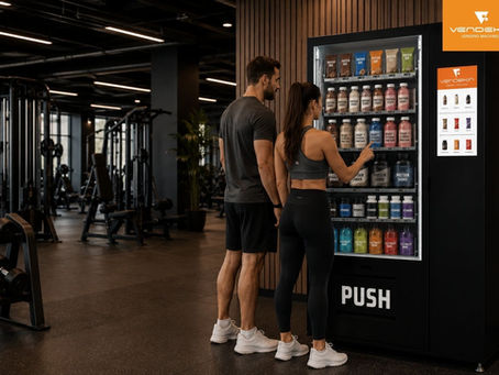 Gym vending machine with protein drinks, protein bars and nutrition products being used by gym members.