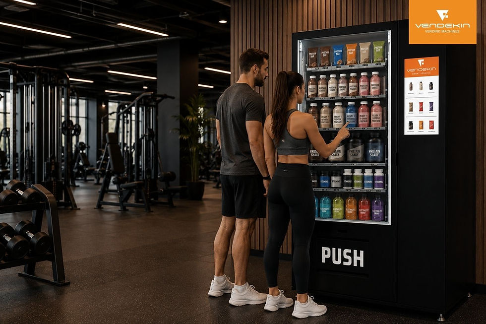 Gym vending machine with protein drinks, protein bars and nutrition products being used by gym members.