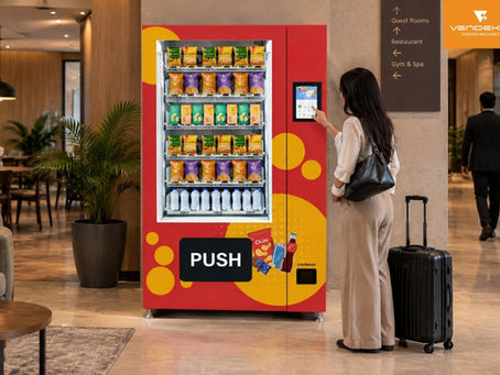 Hotel guest using a smart vending machine for snacks and beverages in a modern hotel lobby in India