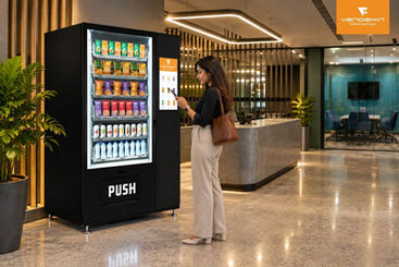 Indian office professional using a Vendekin smart vending machine for cashless self-service shopping in a modern corporate office, showcasing unattended retail in India.