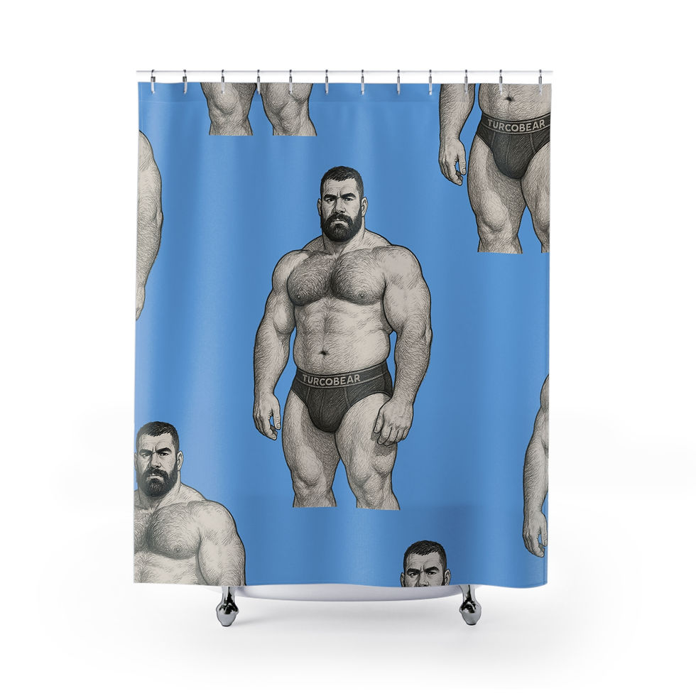 Bearded Muscleman Pattern Shower Curtain — Retro Blue Bath Decor