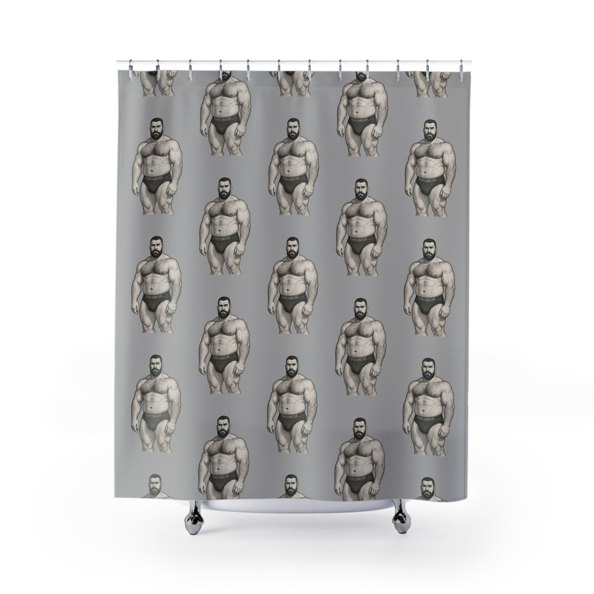 Bearded Muscleman Pattern Shower Curtain — Retro Gray Bath Decor