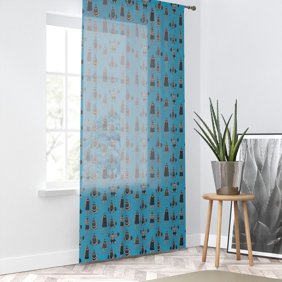 Illustrated Muscle Men Window Curtain | Blue Space Art Pattern