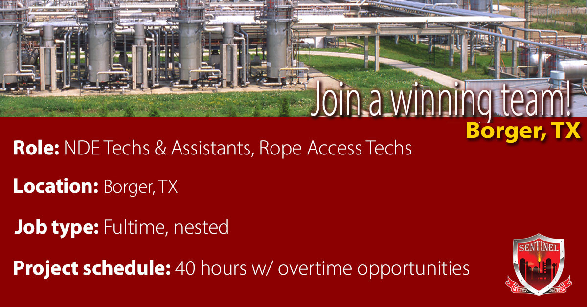 Now hiring TX NDE and Rope Access Sentinel Integrity