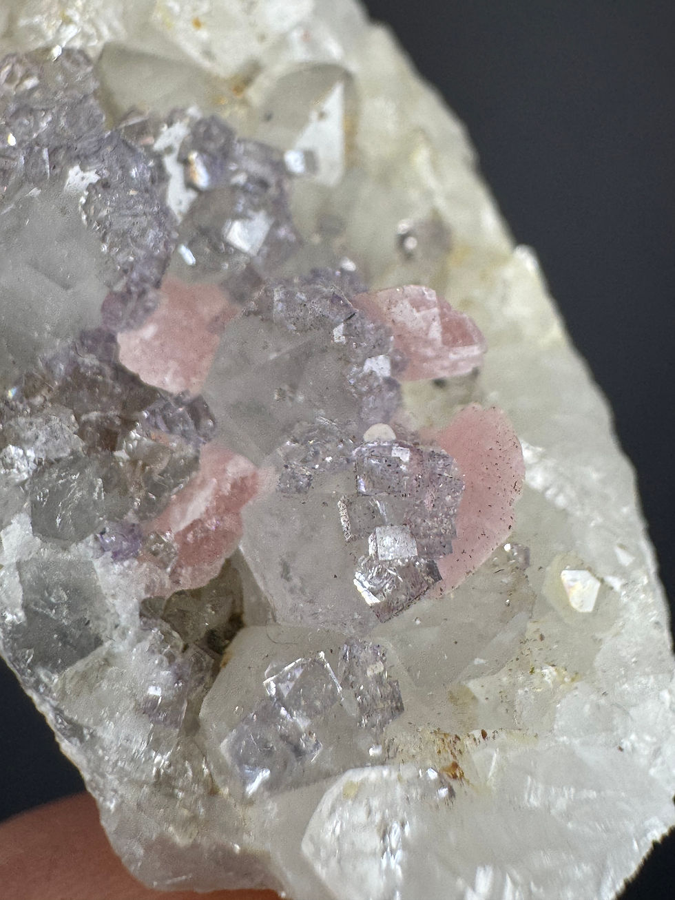 Thumbnail: Petal Rhodochorisite x cubic purple fluorite on clear quartz 30g prs5