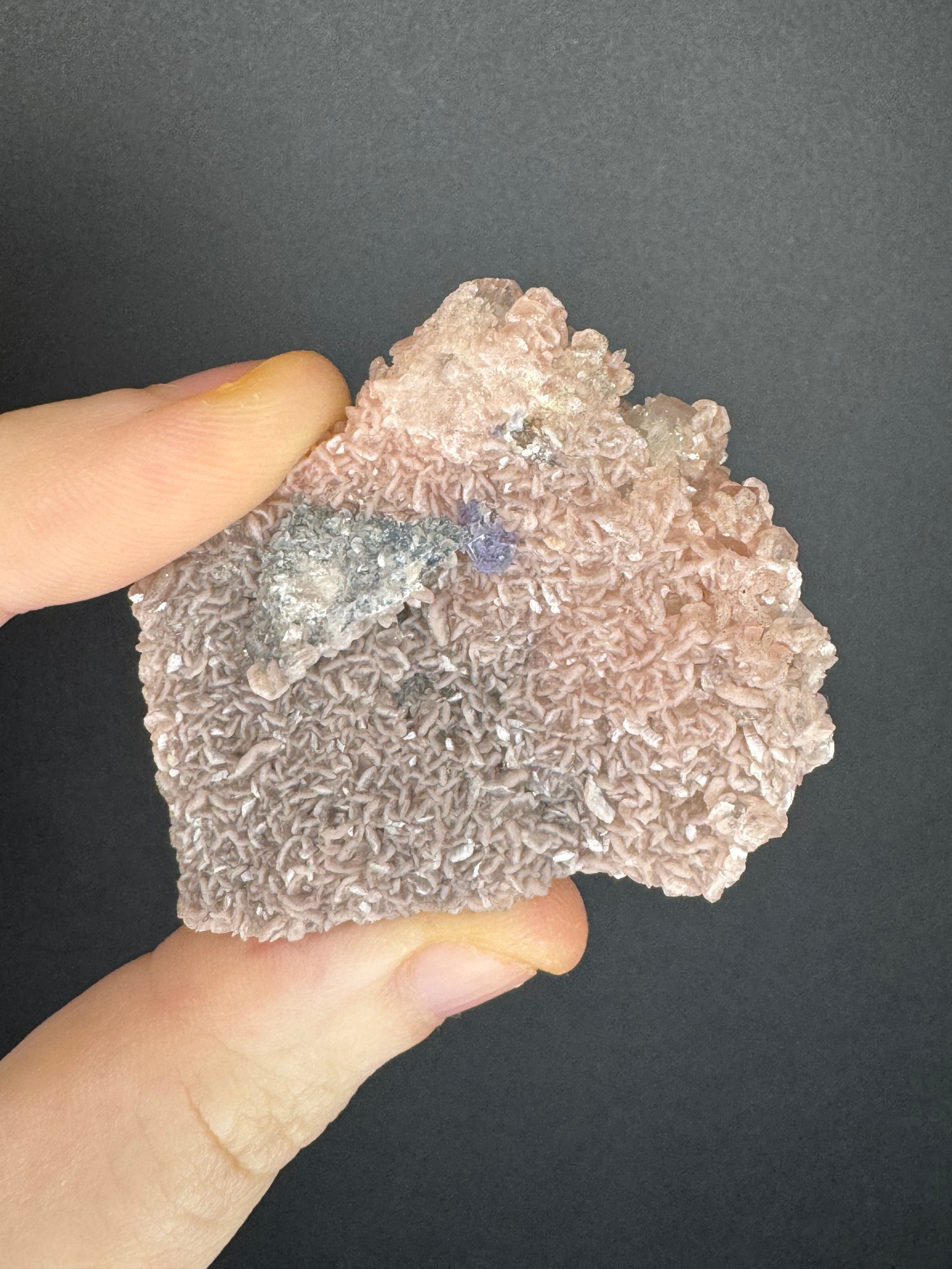 Petal Rhodochorisite x cubic purple fluorite on clear quartz 29g prs13
