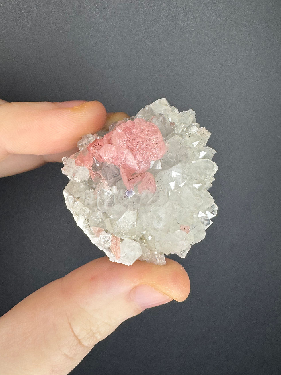 Thumbnail: Petal Rhodochorisite x cubic purple fluorite on clear quartz 39g prs9