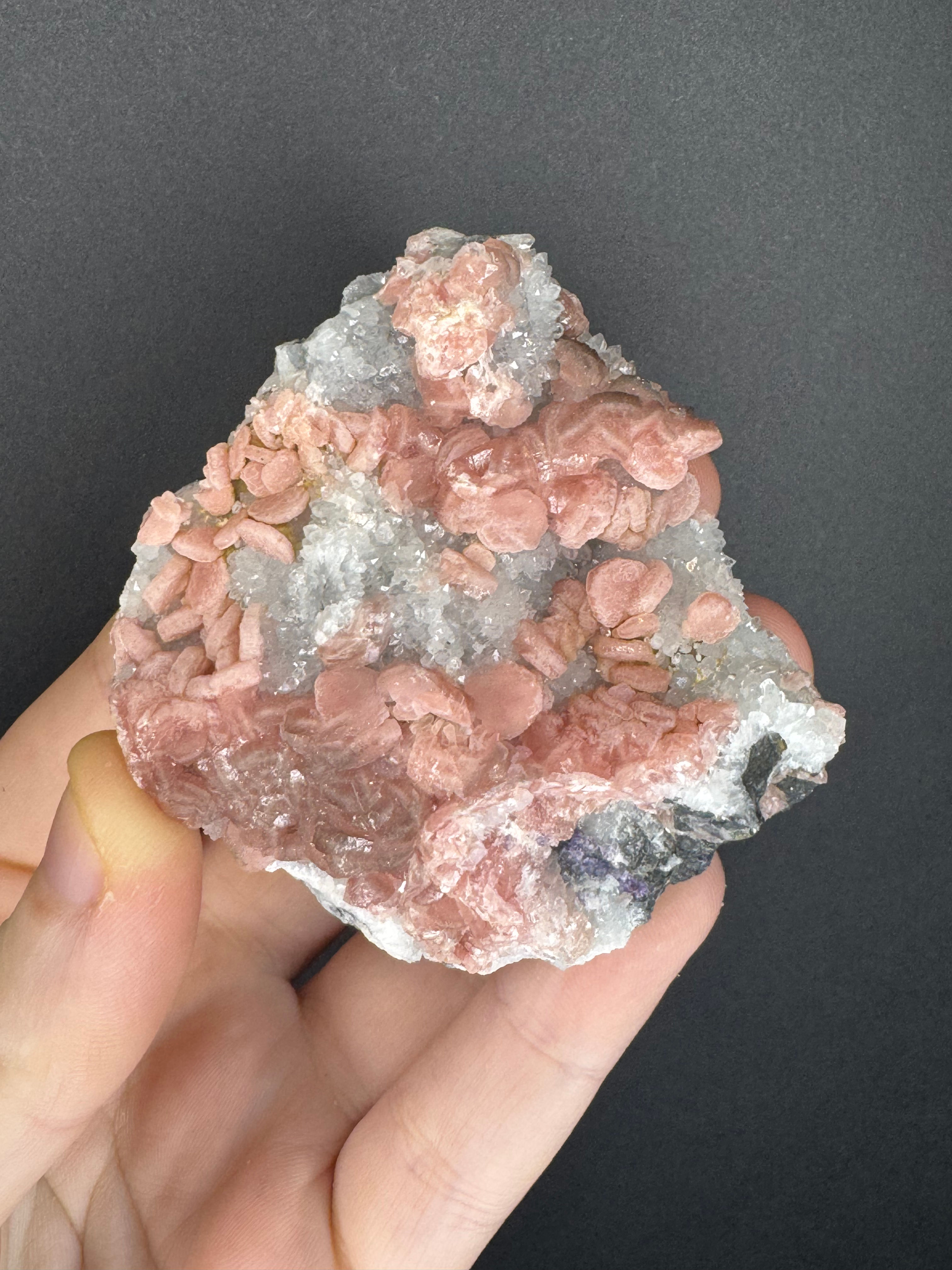 Petal Rhodochorisite x purple fluorite on clear quartz 107g prs17