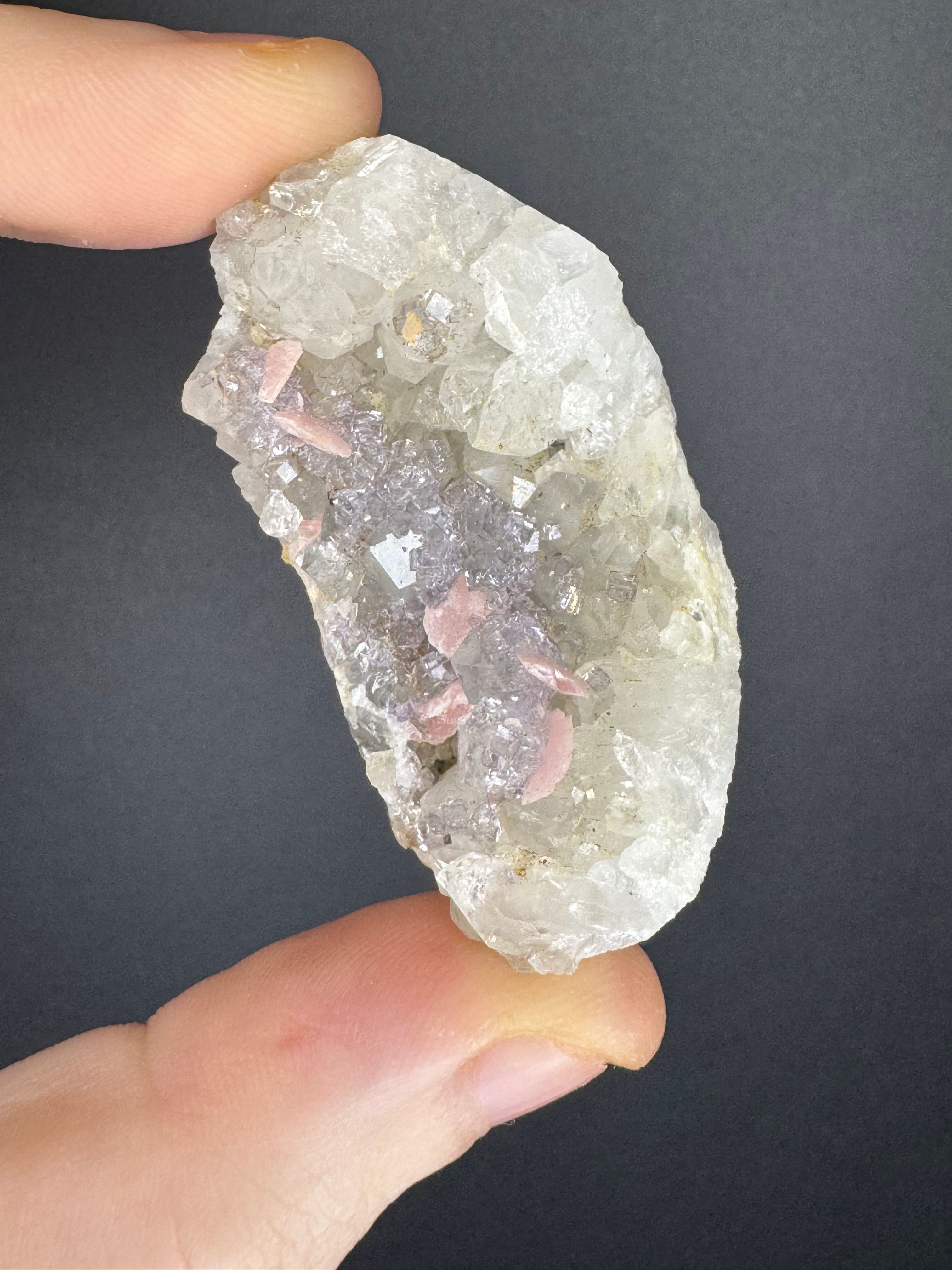 Petal Rhodochorisite x cubic purple fluorite on clear quartz 30g prs5