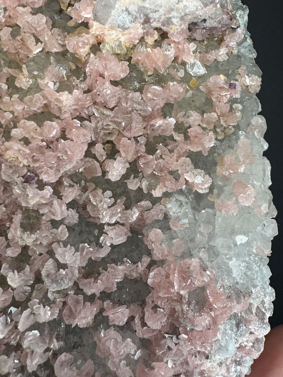 Thumbnail: Petal Rhodochorisite on clear quartz comes with a stand 663g prs19