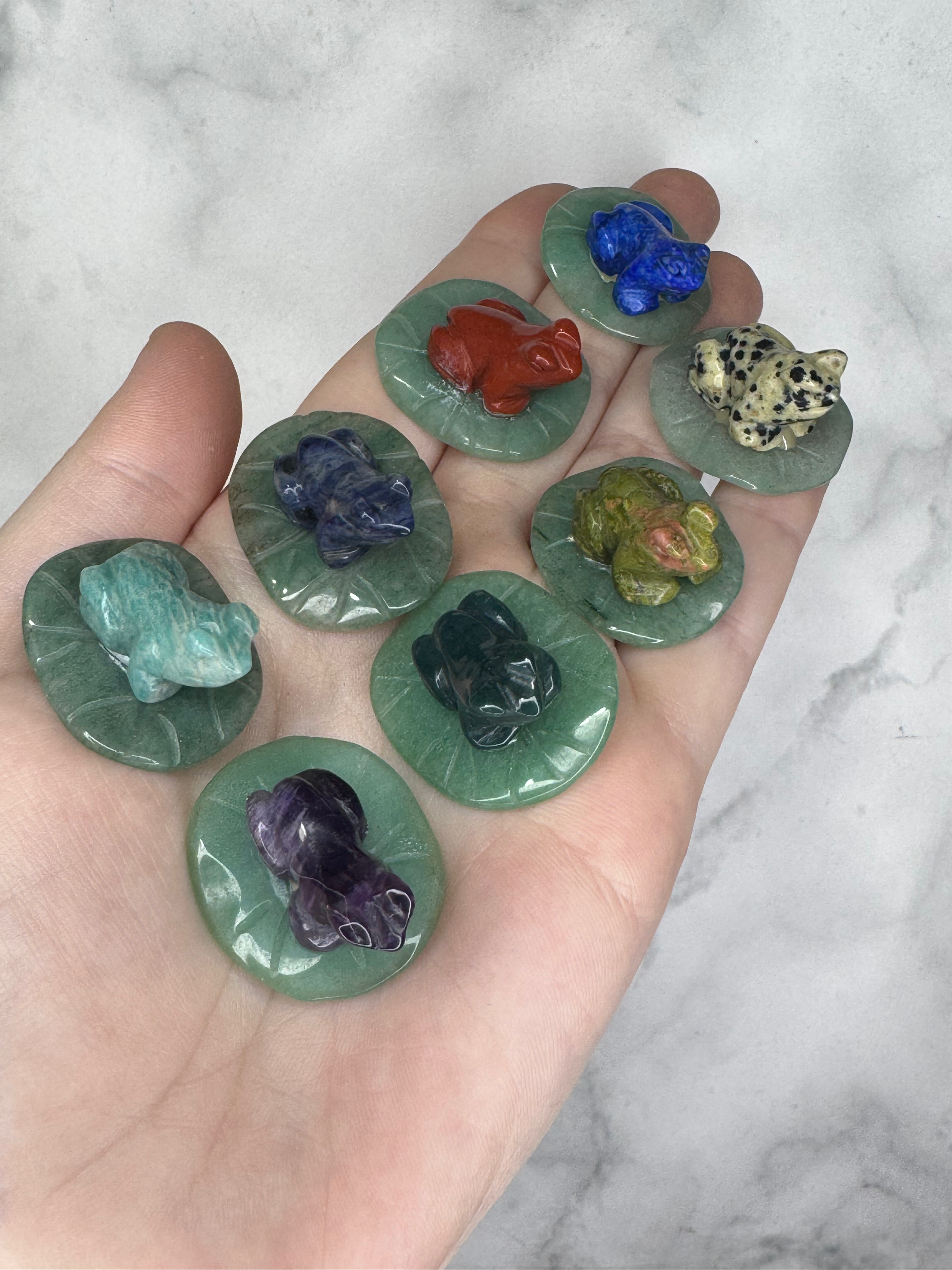 Frogs on green aventurine Lilly pads 